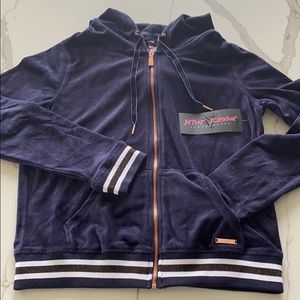 NWT Betsey Johnson Navy Blue w Copper detail velour Zip Hoodie size Medium